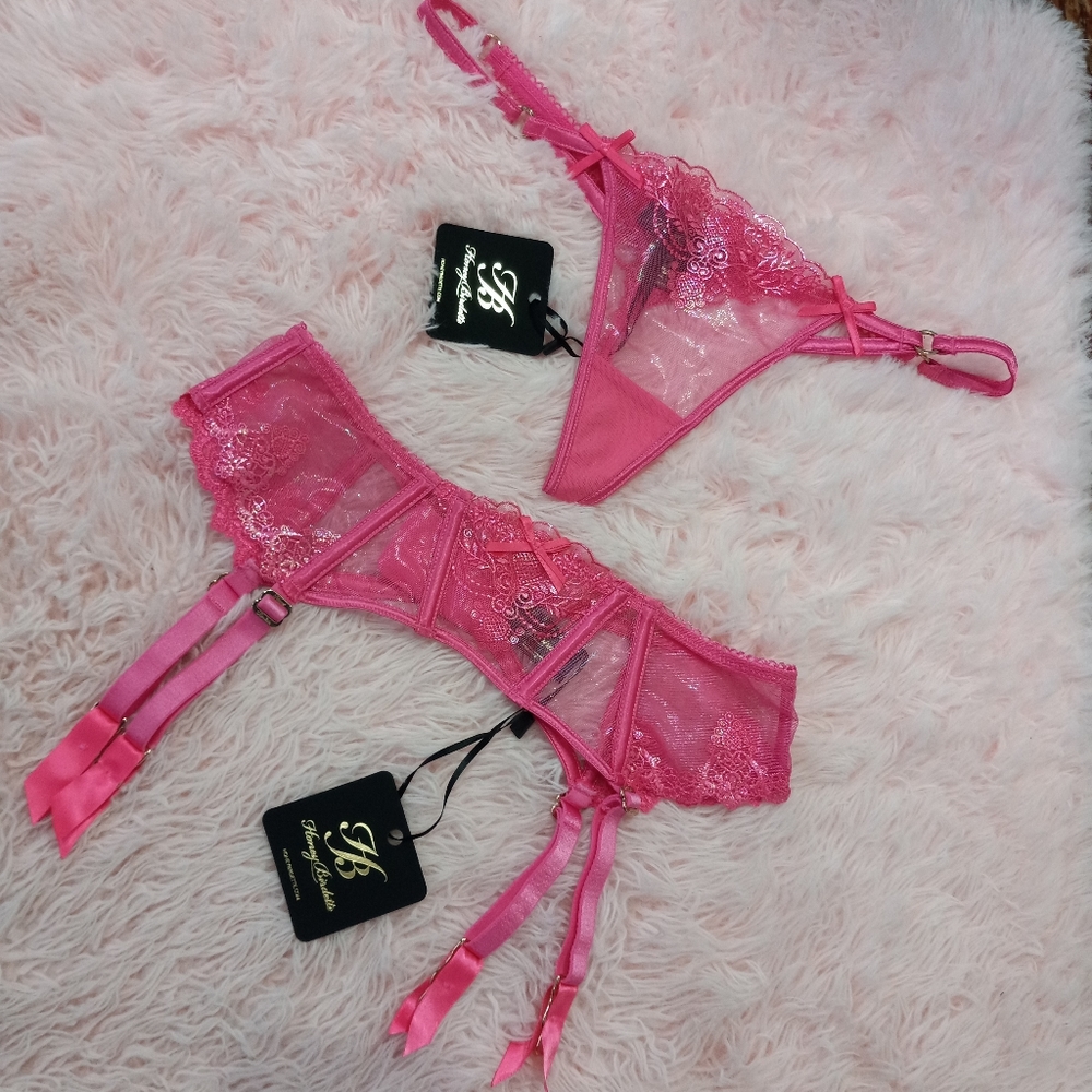 Honey Birdette luxury lingerie panty & suspender-Natalie wild pink! Shimmery sex - Picture 5 of 16